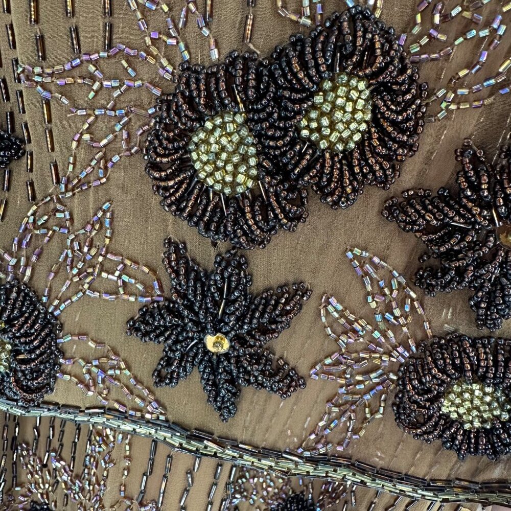 Vintage Nadine Boutique Brown Hand Beaded Sequined Silk Dress & Cardigan Set S - Picture 10 of 12
